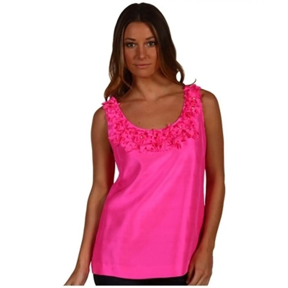Kate Spade New York Primrose Top 100% silk Barbie pink 3D appliqué flowers XS
